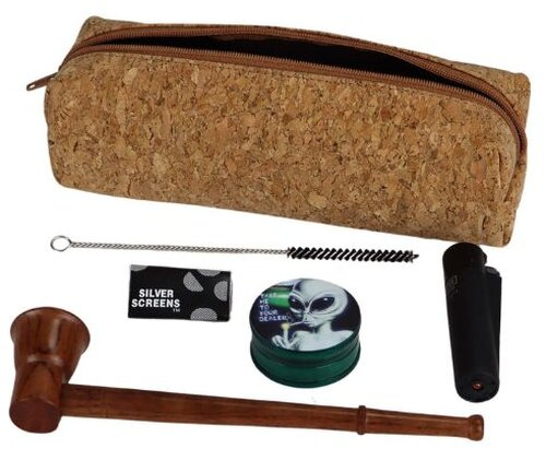 Starter-Set 420 mit Holzpfeife, Grinder, Bürste, Siebe und Clipper Feuerzeug