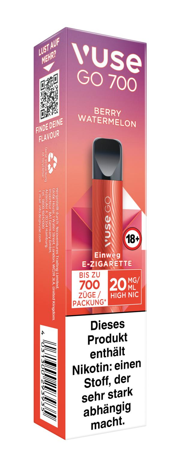 Vuse Go 700 Einweg E-Zigarette Berry Watermelon 20mg/ml Nikotin Vuse Go 700 Einweg E-Zigarette Berry Watermelon 20mg/ml Nikotin