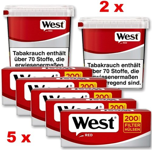 West Red Sparpaket ( 2 x West Red Giga Box 170g ) + ( 5 x West Red Zigarettenhülsen 200 Stück ) West Red Sparpaket ( 2 x West Red Giga Box 170g ) + ( 5 x West Red Zigarettenhülsen 200 Stück )
