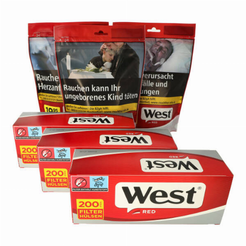 West Tabak Sparpaket 3 x 65g + 3 x 200er Hülsen West Tabak Sparpaket 3 x 65g + 3 x 200er Hülsen