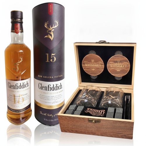 Whisky Set Geschenkkiste mit Glenfiddich Whisky 40% Vol. 700ml und zwei Gläser