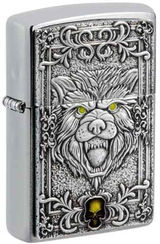 Zippo Feuerzeug Chrom gebürstet Plakette Wolf/Skull mit Epoxy Inlay