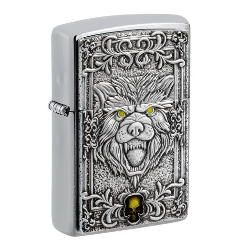 Zippo Feuerzeug Chrom gebürstet Plakette Wolf/Skull mit Epoxy Inlay