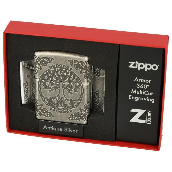 Zippo Feuerzeug silber antig Armor Case Lebensbaum 6004303 8-seitig tiefengraviert Zippo Feuerzeug silber antig Armor Case Lebensbaum 6004303 8-seitig tiefengraviert