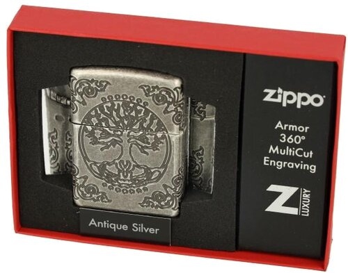 Zippo Feuerzeug silber antig Armor Case Lebensbaum 6004303 8-seitig tiefengraviert Zippo Feuerzeug silber antig Armor Case Lebensbaum 6004303 8-seitig tiefengraviert