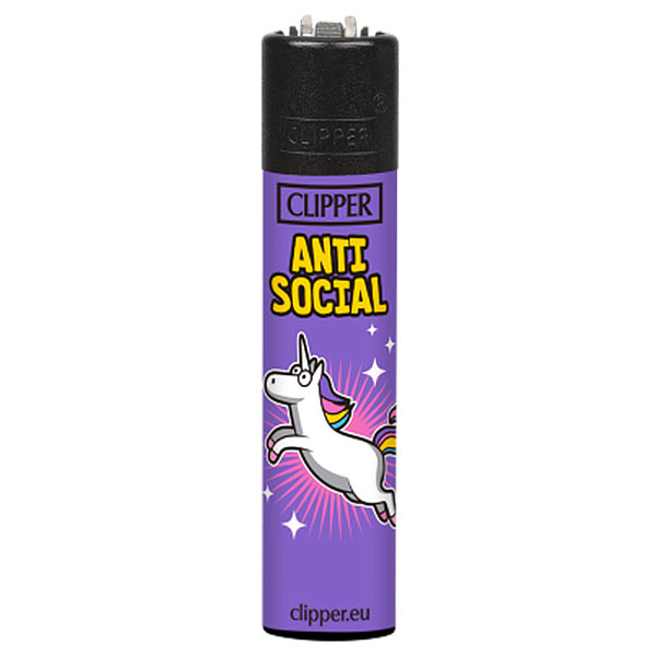 Clipper Feuerzeug Einhorn Slogan ANTI SOCIAL Clipper Feuerzeug Einhorn Slogan ANTI SOCIAL