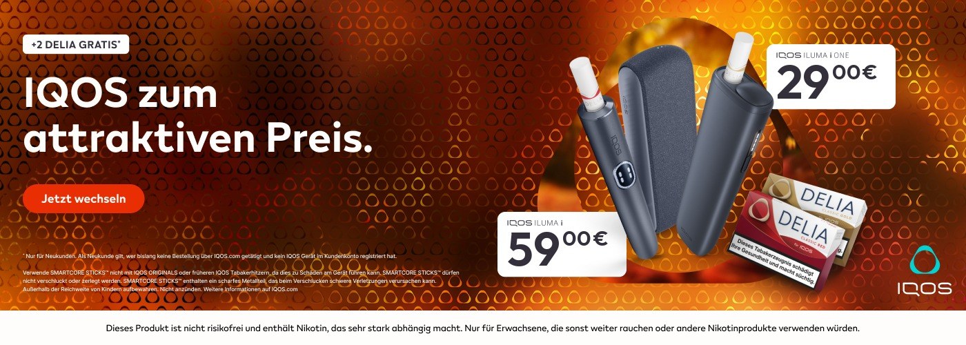 IQOS ILUMA i ONE für 29 Euro und IQOS ILUMA i für 59 Euro, dazu 2 Packungen DELIA