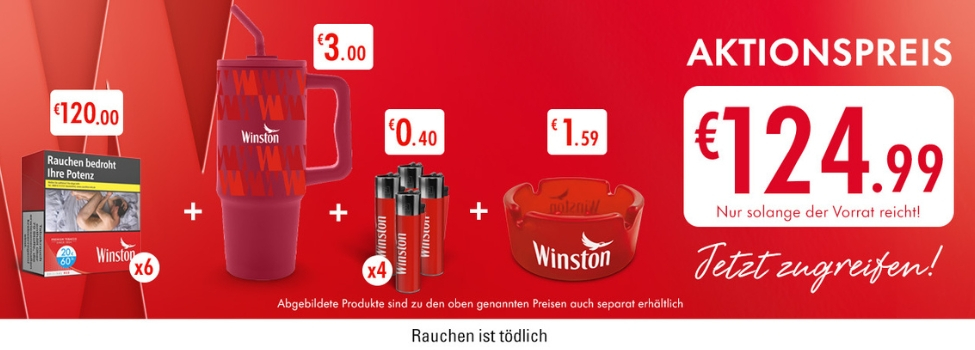Winston Zigaretten Aktion mit Kaffee Becher und Merch