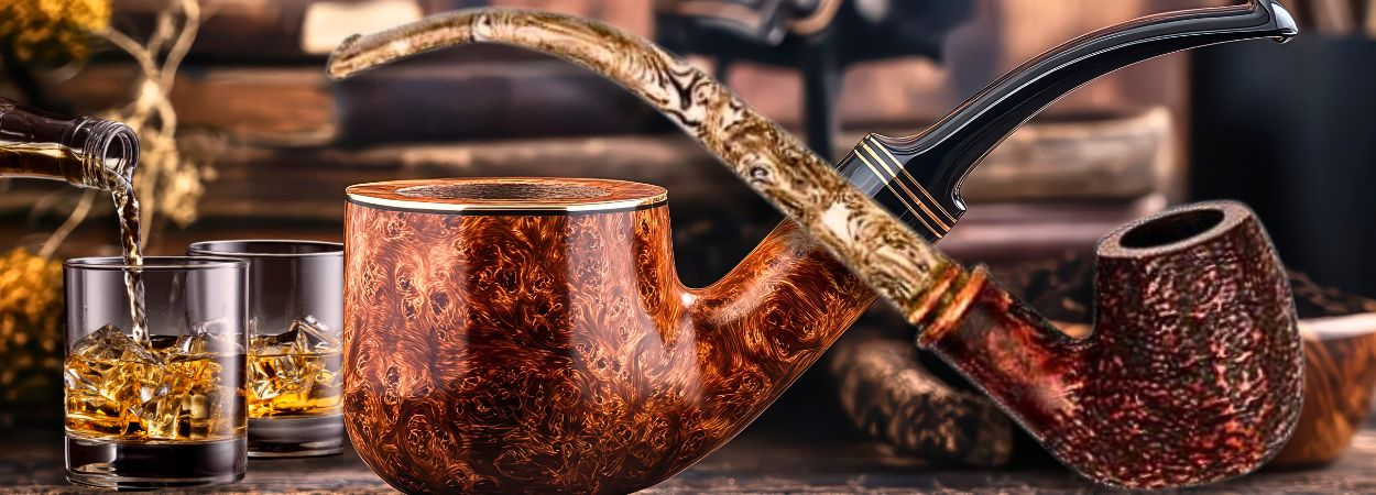 zwei Pfeifen und eingeschenkte Scotchgläser