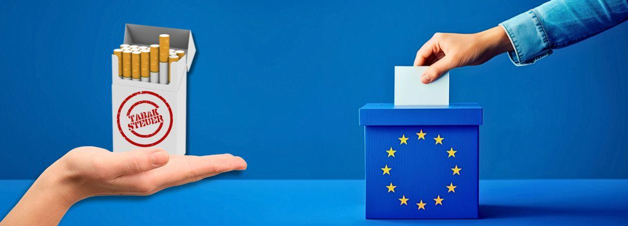 Hand mit Zigarettenschachtel und EU Wählerbox Hand mit Zigarettenschachtel und EU Wählbox