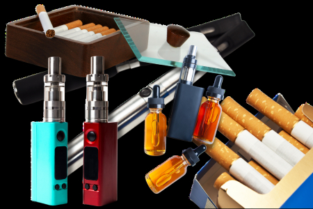 Zigaretten, Liquids und E-Zigaretten E-Zigaretten, Liquids und offene Zigarettenschachtel