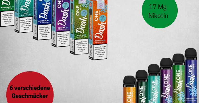 Informationen der Dash One ToGo Einweg E-Shisha Geschmacksrichtungen sowie Informationen der Dash One ToGo E-Shisha