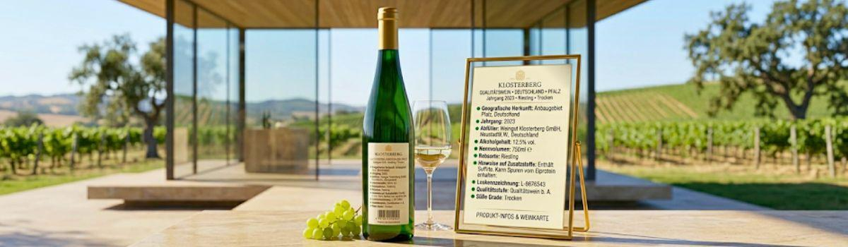 Weinflasche, Glas und Infotafel auf einem Tisch vor Weinbergen