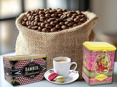 Säckchen Bohnen, Aufbewahrungsdosen und eine Tasse Kaffee Säckchen Bohnen, Aufbewahrungsdosen und eine Tasse Kaffee