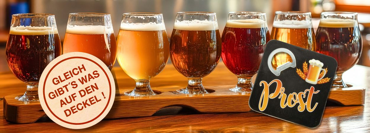 befüllte Biergläser und Bieruntersetzer