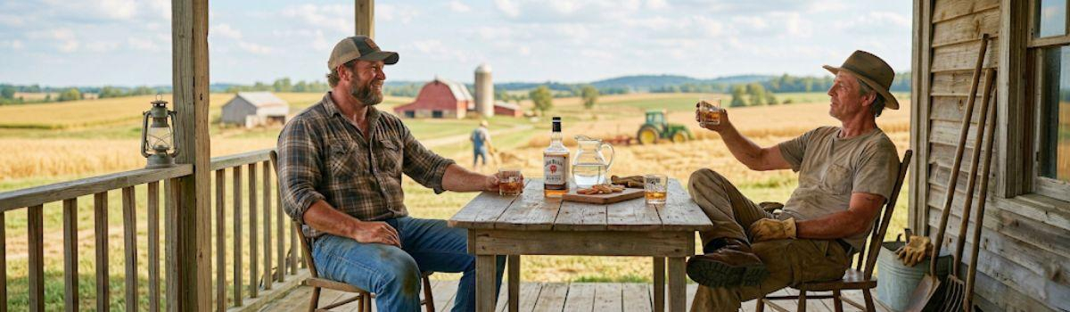 Zwei Männer mit einem Glas Whisky sitzend auf einer Veranda mit weiten Blick über die amerikanische Landschaft Zwei Männer mit einem Glas Whisky sitzend auf einer Veranda mit weiten Blick über die amerikanische Landschaft