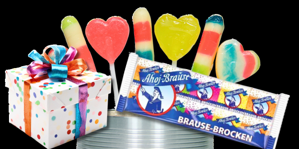 Geschenk mit bunten Lutscher und Ahoj Brause-Brocken Geschenk mit bunten Lutscher und Ahoj Brause-Brocken