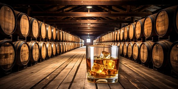 Lagerhalle mit Holz-Fässern und ein Glas Whiskey