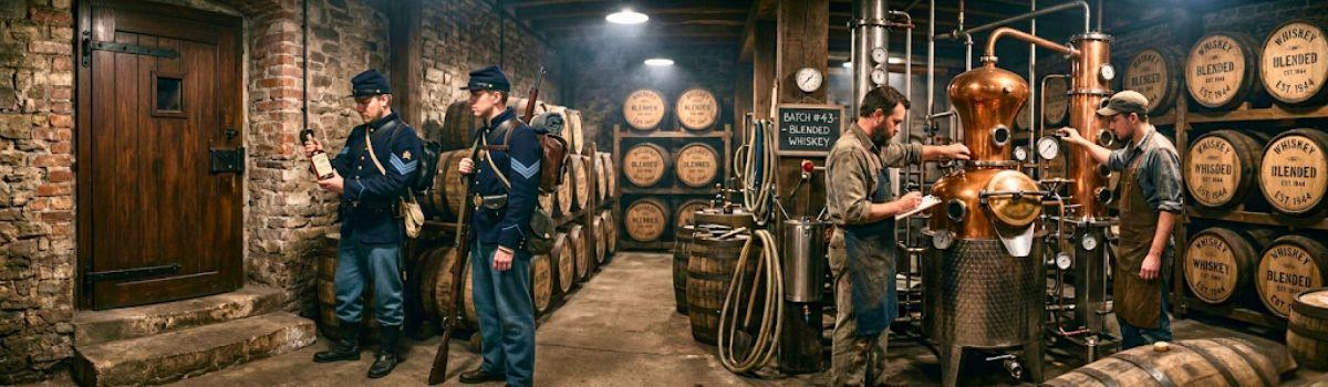 Unionisten beim Erwerb einer Flasche Whiskey in einer Destillerie im Keller Unionisten beim Erwerb einer Flasche Whiskey in einer Destillerie im Keller