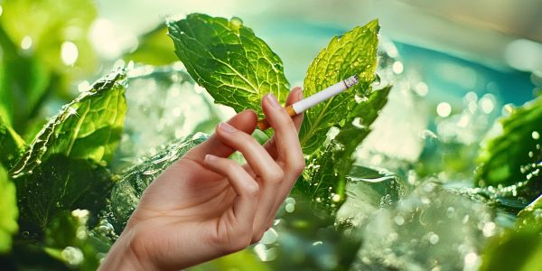 Minzblätter und Zigarette in der Hand