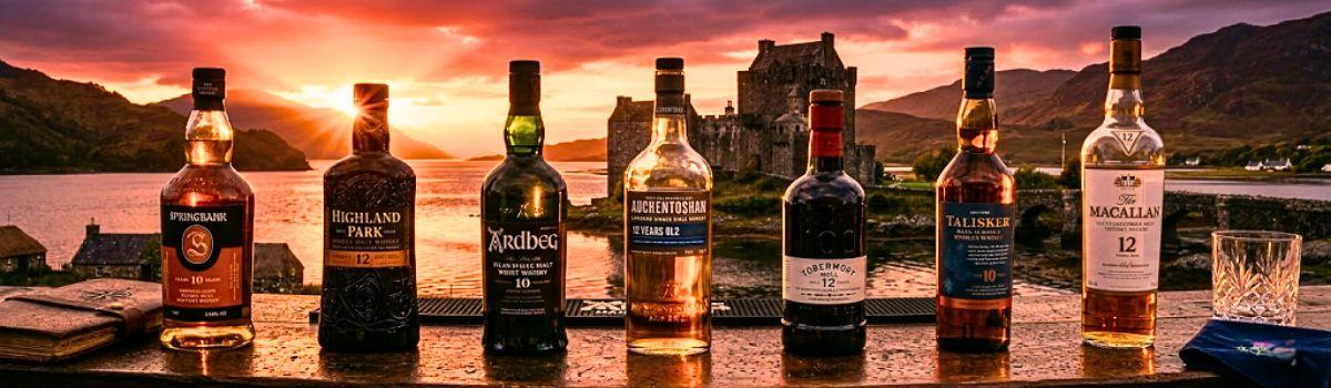 Auswahl schottischer Whiskeys vor der Kulisse von Eilean Donan Castle Auswahl schottischer Whiskeys vor der Kulisse von Eilean Donan Castle