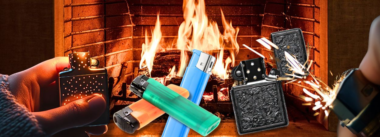 nachfüllbare Feuerzeuge mit Kaminfeuer nachfüllbare Feuerzeuge mit Kaminfeuer im Hintergrund