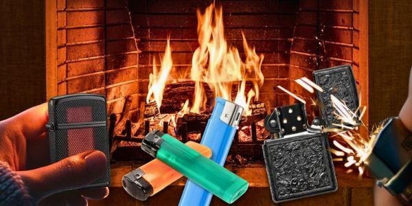 nachfüllbare Feuerzeuge mit Kaminfeuer im Hintergrund