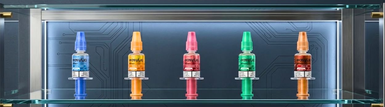 [KI-generiert] fünf verschiedene Aromaprofile auf einem Glasregal