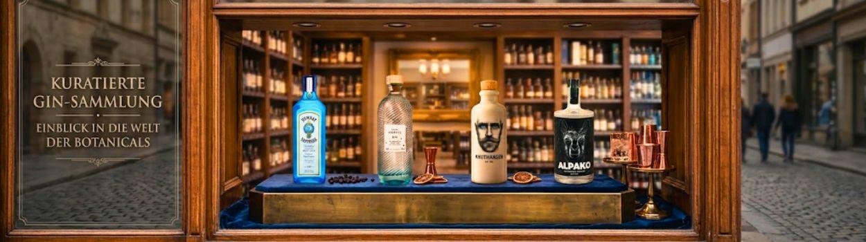 [KI-generiert] Gin-Sorten in einem Schaufenster