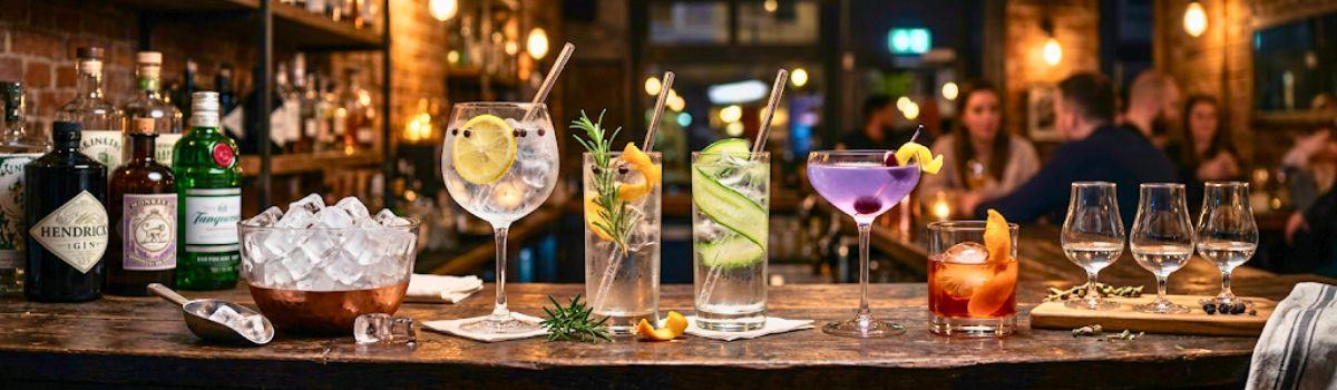Cocktails und Longdrinks mit Gin in einer Bar Cocktails und Longdrinks mit Gin in einer Bar