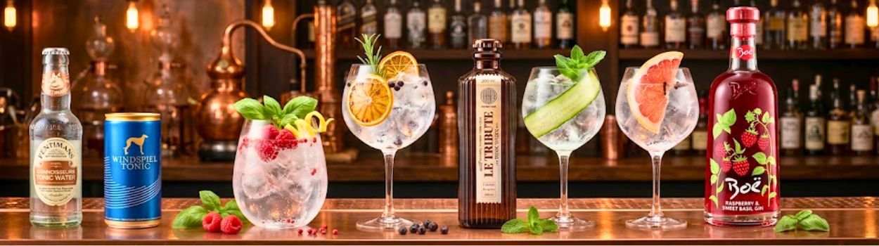 [KI-generiert] Gin Tonic Cocktails mit unterschiedlichen  Garnituren