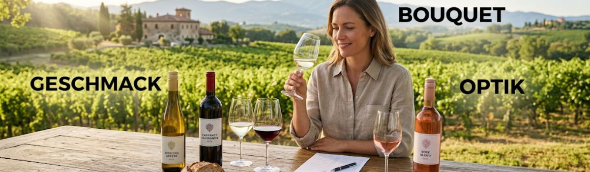 Eine Weinprobe im Weinberg mit den Begriffen Geschmack, Bouquet und Optik