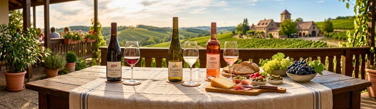 Rustikaler Holztisch mit Weinauswahl, Brotzeit und Trauben vor einem Weingut