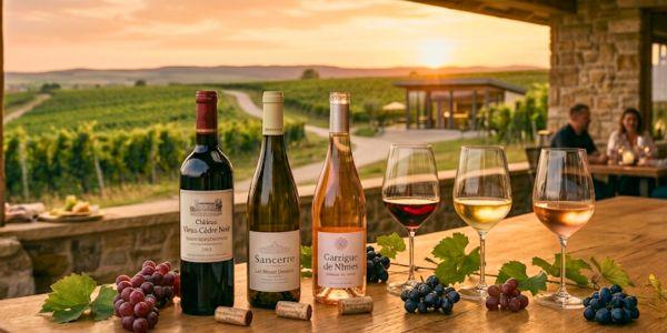 Weinflaschen und gefüllte Gläser auf einem Holztisch vor einem Weinberg im Sonnenuntergang