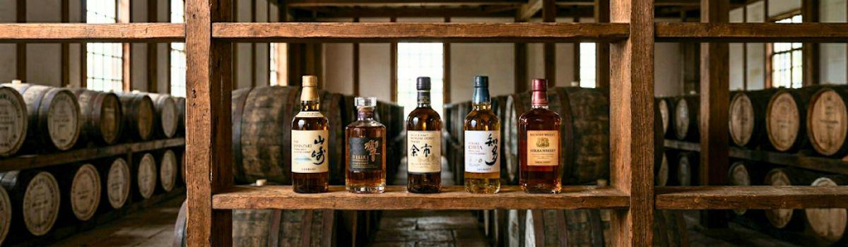 Whiskyflaschen in einem Holzregal und im Hintergrund die Lagerung von Fässern Whiskyflaschen in einem Holzregal und im Hintergrund die Lagerung von Fässern