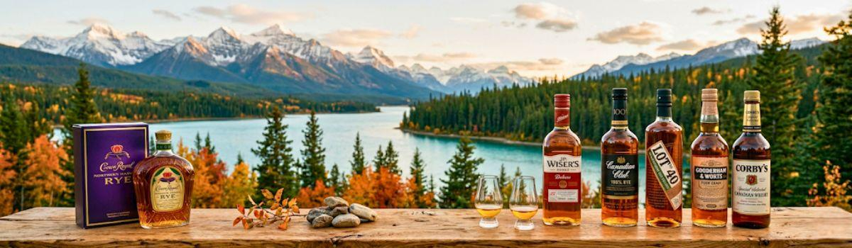 Kanadische Whisky Sorten auf dem Tisch mit Blick im Hintergrund auf die Rocky Mountains Kanadische Whisky Sorten auf dem Tisch mit Blick im Hintergrund auf die Rocky Mountains