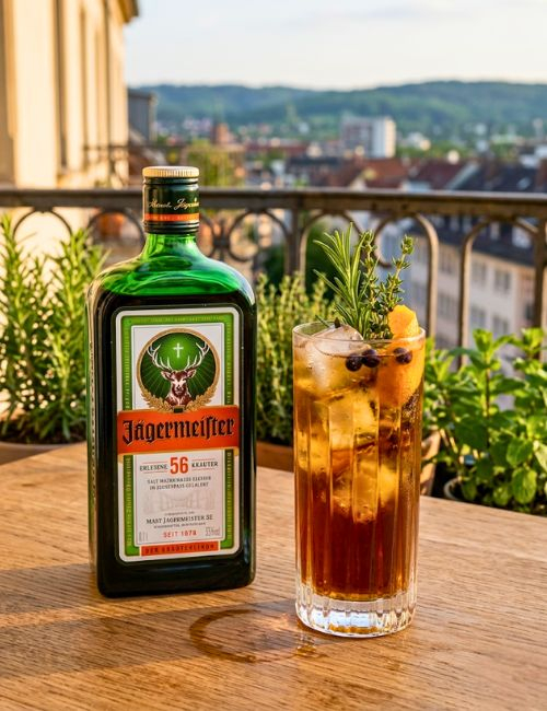 Eine Flasche Jägermeister und ein Longdrink auf einem Balkontisch Eine Flasche Jägermeister und ein Longdrink auf einem Balkontisch
