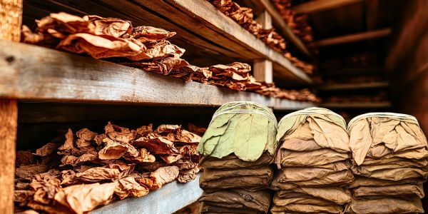 Tabakblätterlagerung im Regal und gestapelt