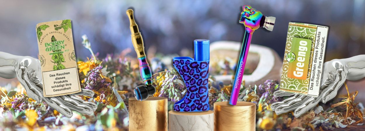 Metallpfeifen und Tabak auf Kräuter 