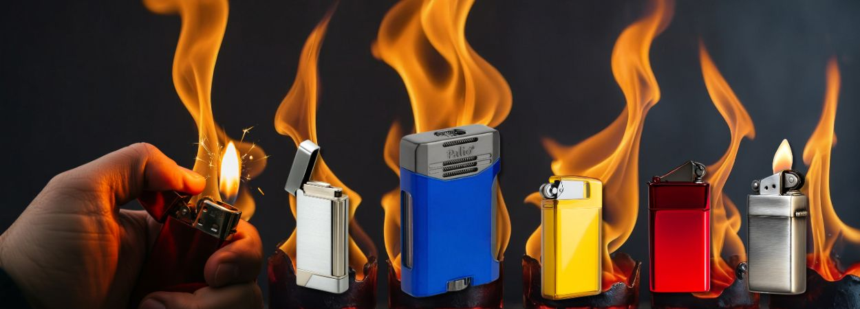verschiedenfarbige Feuerzeuge vor Flammen