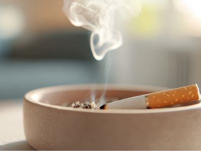 qualmende Zigarette im Aschenbecher