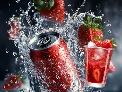 Rote Energydose mit Erdbeeren im Glas