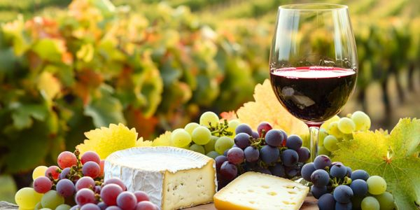 Käse mit Weintrauben und ein Glas Rotwein Käse mit Weintrauben und ein Glas Rotwein