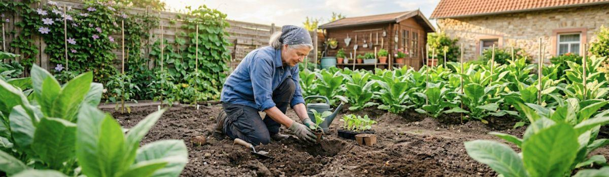 Frau beim einpflanzen einer Tabakpflanze in ihrem Garten
