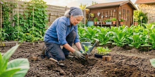 Frau beim einpflanzen einer Tabakpflanze in ihrem Garten