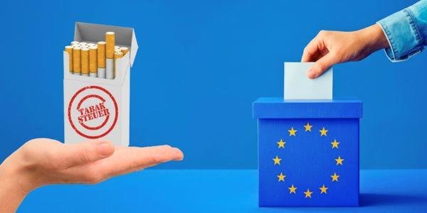 Hand mit Zigarettenschachtel und EU Wahlbox
