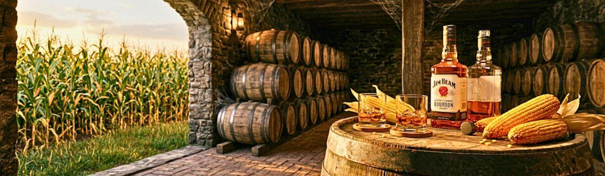 Bourbon Whiskey Fässer in einem Lager in der USA neben einem Maisfeld Bourbon Whiskey Fässer in einem Lager in der USA neben einem Maisfeld