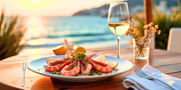 Garnelen und ein Glas Weißwein mit Blick aufs Meer Garnelen und ein Glas Weißwein mit Blick aufs Meer