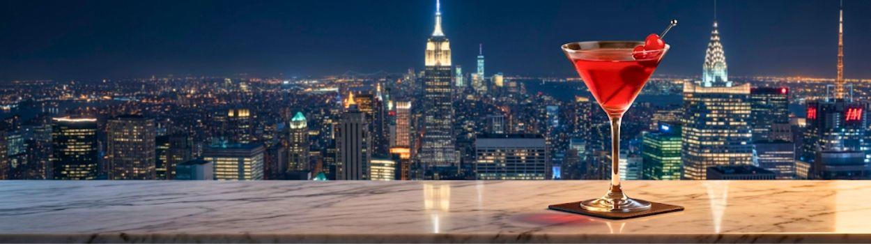 Manhattan Cocktail mit Blick auf Manhattan Manhattan Cocktail mit Blick auf Manhattan