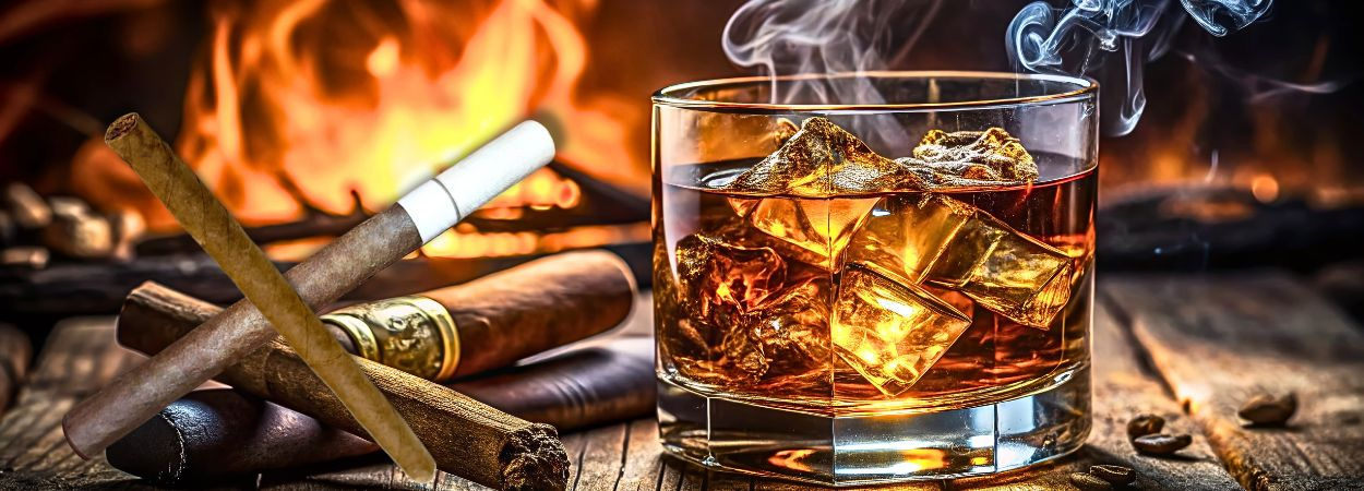 Zigarillos und einem Glas Rum auf Eis